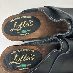 Lotta From Stockholm Black Leather Clogs with Brown Wooden Base